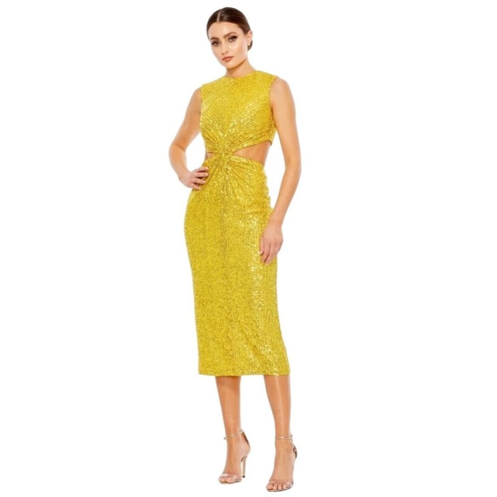 Mac Duggal Marigold Sequin Twist Front Cutout Midi Dress Size 2 New With Tags - Picture 10 of 16